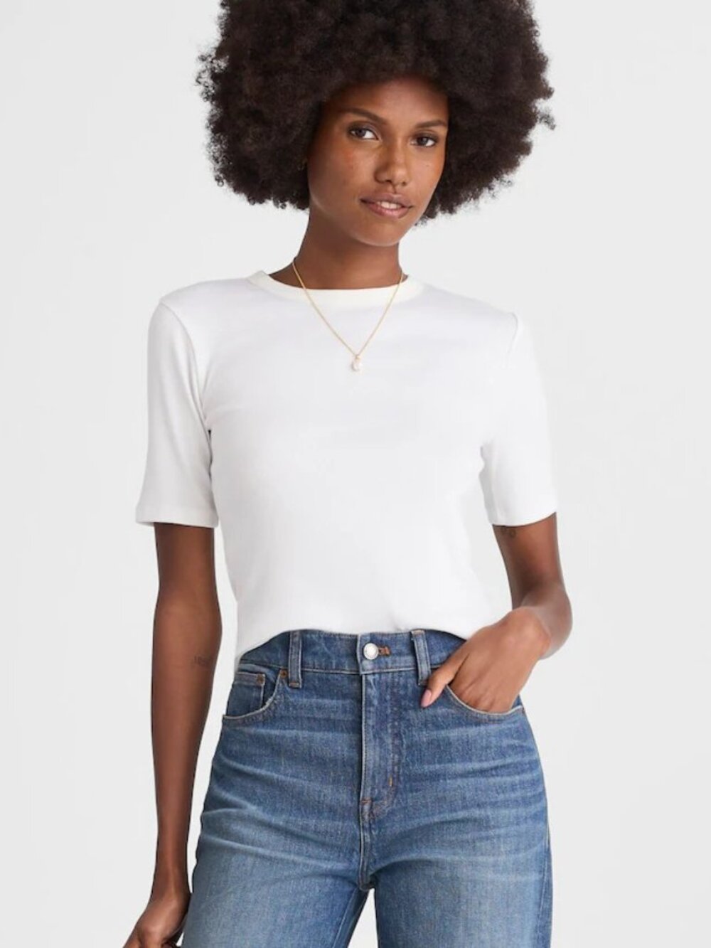 Madewell (Re)generative Cotton Ribbed Elbow-Sleeve Tee in White